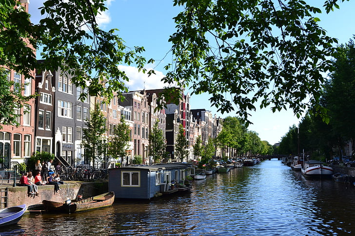 Amsterdam, kanal, pråmar, Nederländerna, Holland, kanaler, arkitektur