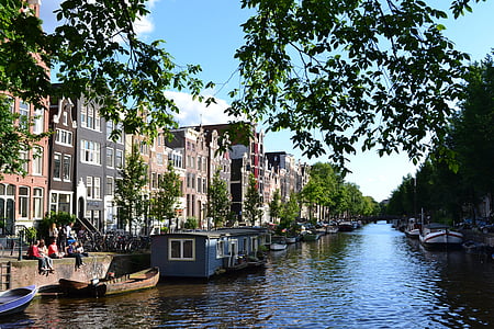 Amsterdam, kanał, barki, Holandia, Holandia, kanały, Architektura