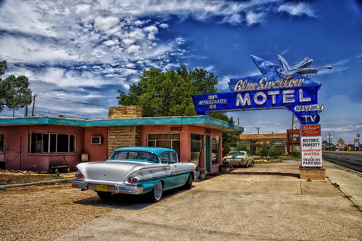 lotniska Tucumcari, Nowy Meksyk, Motel, samochód, stary, samochodowe, podróży