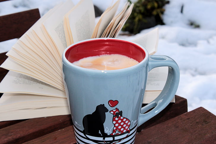 Coffee-break, Copa, xícara de café, xícara de café, livro, banco, ao ar livre