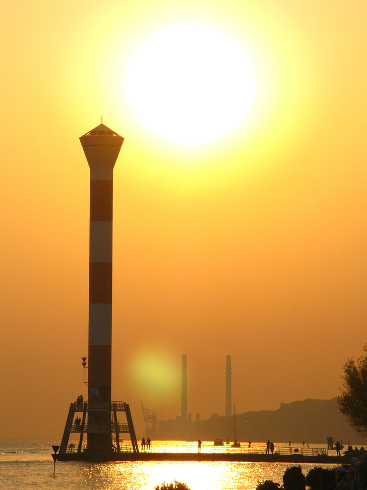 nedgående solen, Lighthouse, Elbe