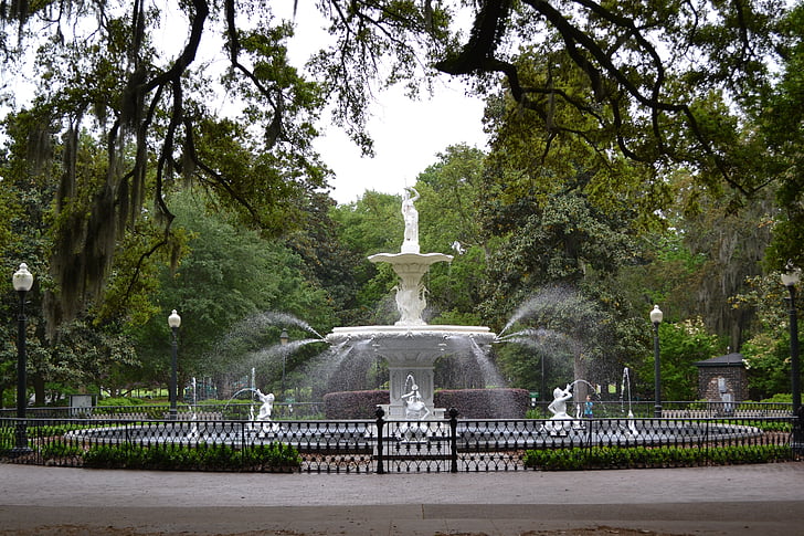 Savannah, Gruzja, Południowej, zabytkowej dzielnicy, Turystyka, Forsyth park, Fontanna