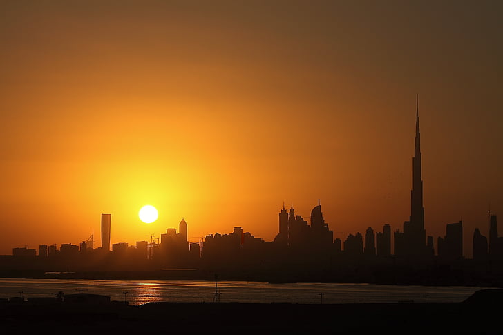 ніч, Дубай, Захід сонця, міський пейзаж, хмарочос, місто, Архітектура
