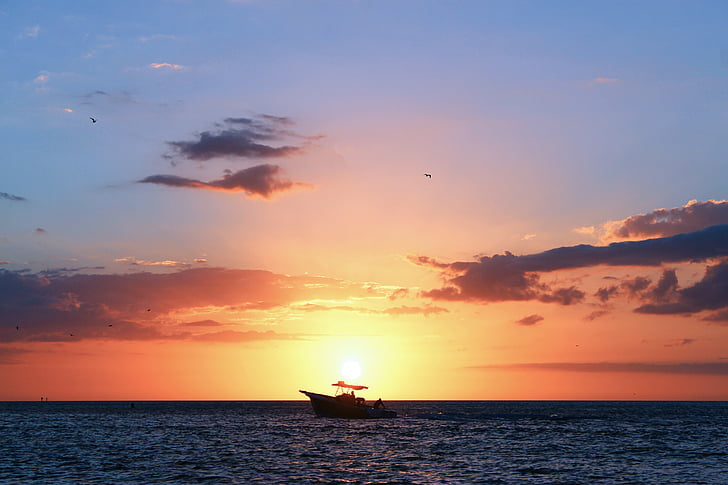 zonsondergang, water, Golf van mexico, boot, tropische, strand zonsondergang, landschap