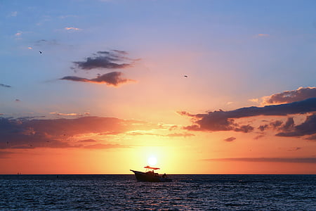 matahari terbenam, air, Teluk Meksiko, perahu, tropis, matahari terbenam di pantai, pemandangan