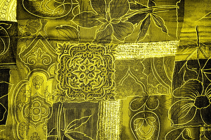 fons, mosaic, flors, groc, teixit, superfície, patró