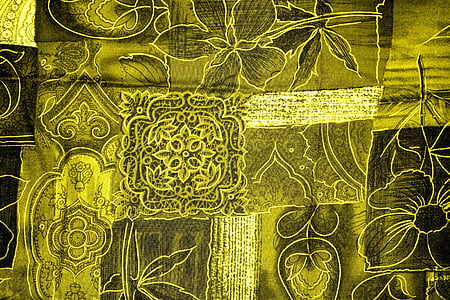 Hintergrund, Patchwork, Blumen, gelb, Stoff, Oberfläche, Muster