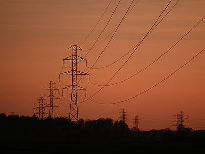 pôles, énergie, ligne, poteaux électriques, câble, coucher de soleil, électricité