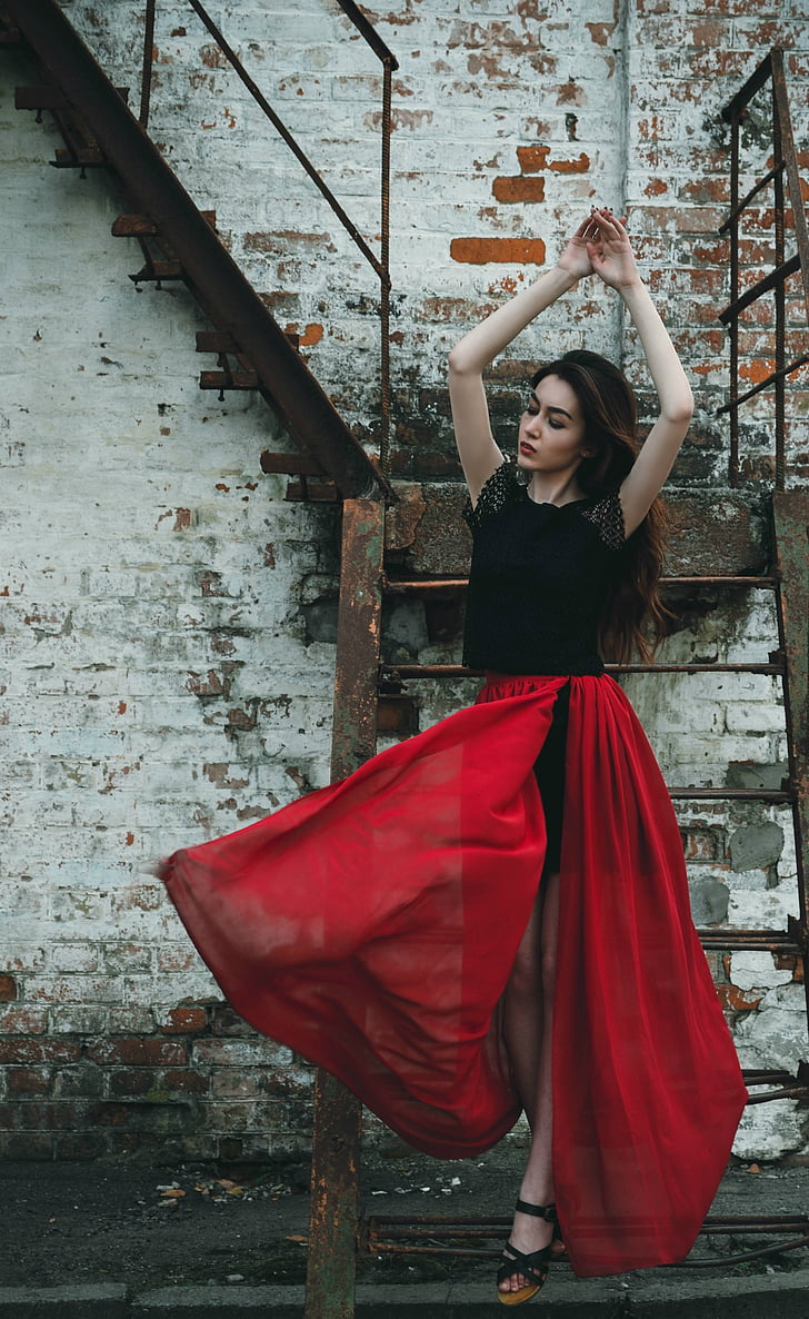 girl, dress, red, woman, view, hands, female