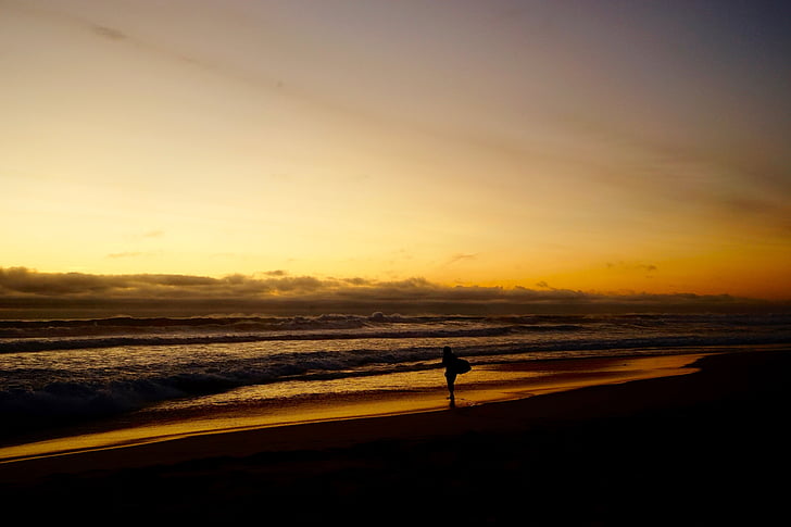 Silhoutte, persona, orilla del mar, puesta de sol, Océano, naranja, mar