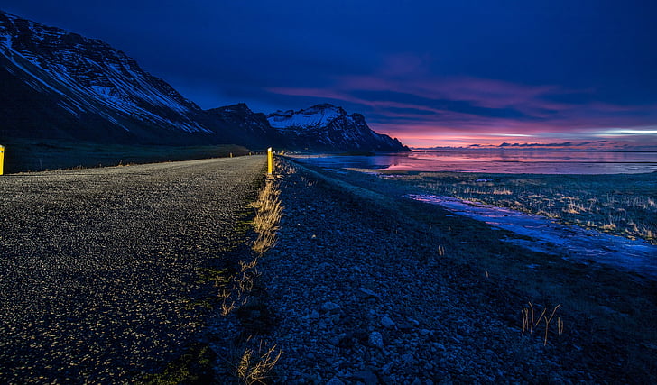 salida del sol, carretera, Islandia, al aire libre, carretera, campo, rural
