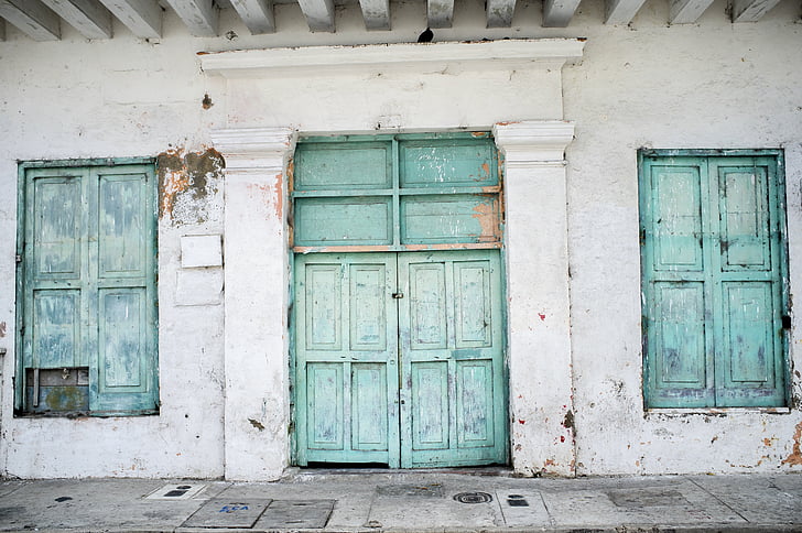 turkoois, deuren, houten, oude, geschilderd, voorzijde, ingang