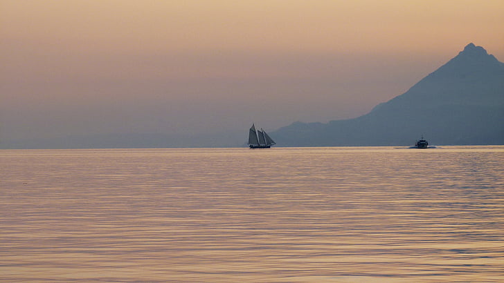 garda, sunset, ship, sailing vessel, nature, landscape, water