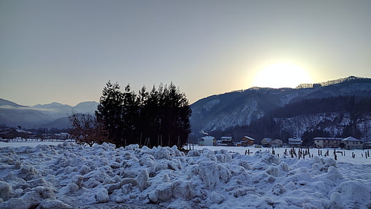 śnieg, rano, góry, drewno, Wschód słońca, Japonia, Nagano