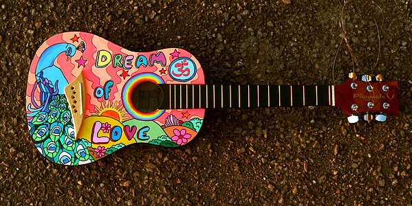 painted guitar, hippie, music, cartoon, player, painted, drawing