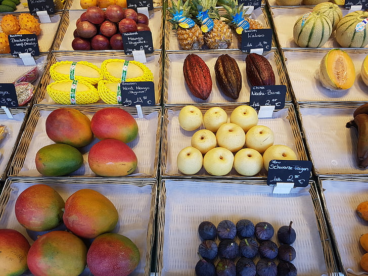 fruit, fruits, fruit varieties, display, market stall, appetizing, food