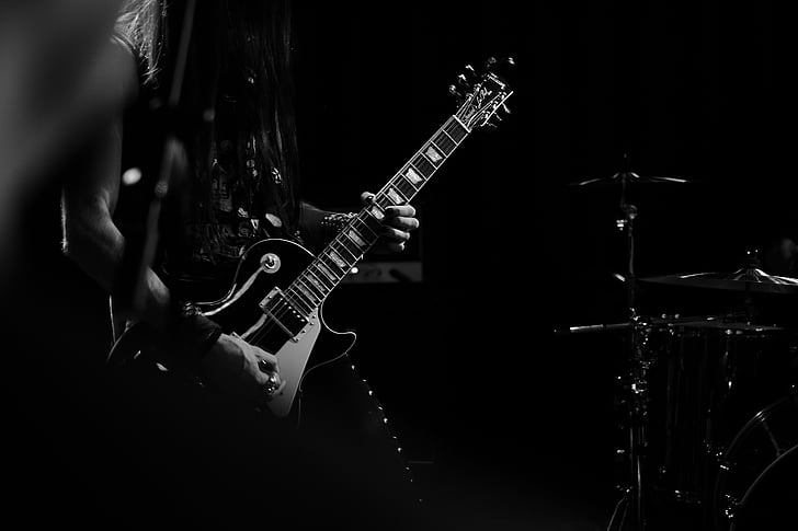 black-and-white, drums, electric guitar, guitar, guitarist, guy, instruments