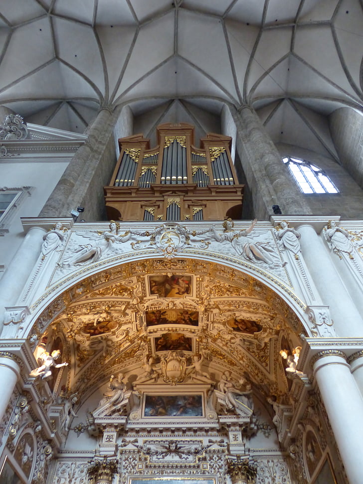 organ, star vault, organ whistle, music, church, franciscan church, salzburg