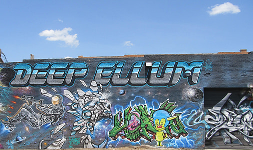 grafiti, stavbe, naslikal, : območje Deep ellum, Dallas, Texas, risanka