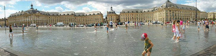 panoramatické, Bordeaux, vodní zrcadlo, Place de la bourse, Architektura, známé místo, lidé