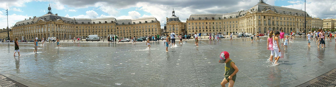 toàn cảnh, Bordeaux, nước gương, Place de la bourse, kiến trúc, địa điểm nổi tiếng, mọi người