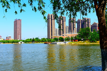 city, park, the artificial lake, building, scenery