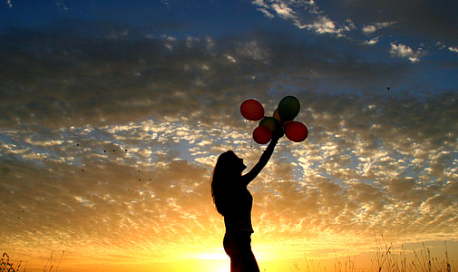 Flicka, solnedgång, ballonger, solen, Sky moln, siluett, skugga