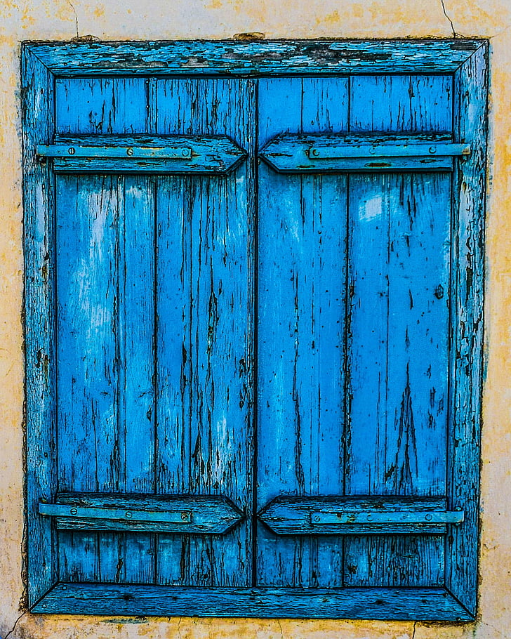 okno, drevené, staré, vo veku, zvetrané, hrdzavé, modrá