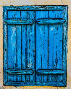 finestra, fusta, vell, envellit, resistit, rovellat, blau