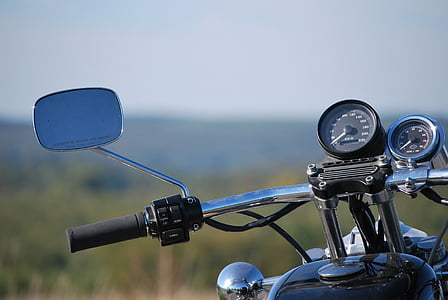 motorcycle, harley, sportster, mirror, gauge, speedometer, tachometer