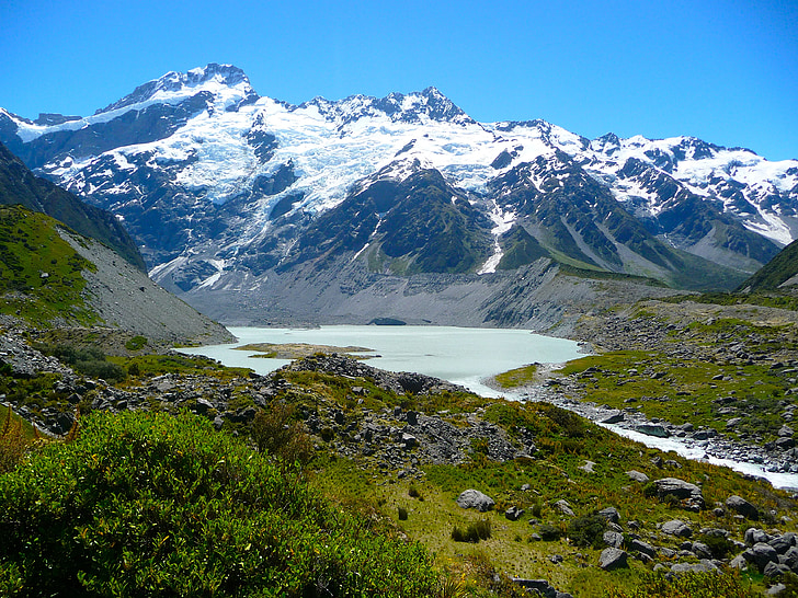 Mount, Cook, Mountain, New Zealand, Alpine, floden, søen