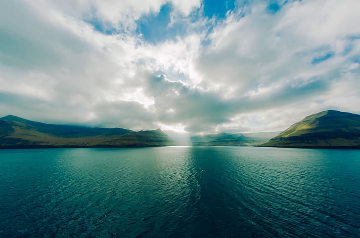 Færøyene, fjell, sjøen, hav, vann, refleksjoner, solnedgang
