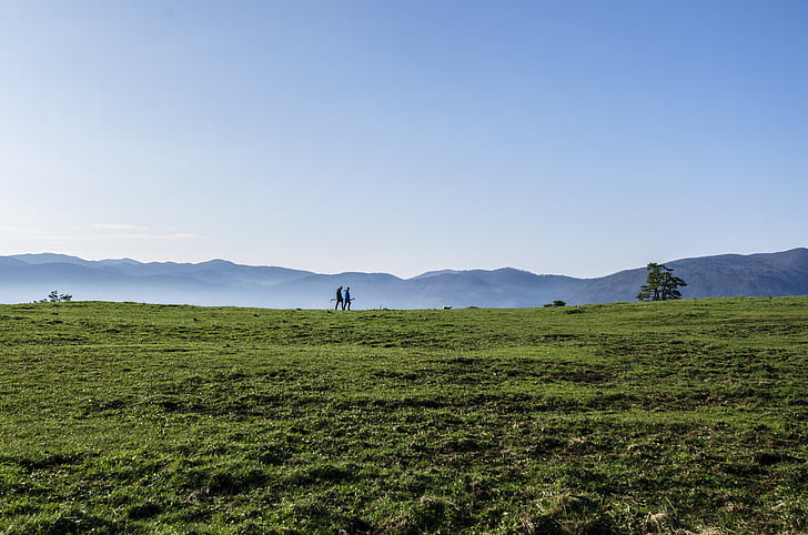 countryside, grassland, hiking, meadow, men, mountains, people