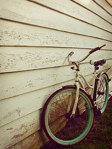 kerékpár, kerékpár, küllő, fal, fa, régimódi, régi