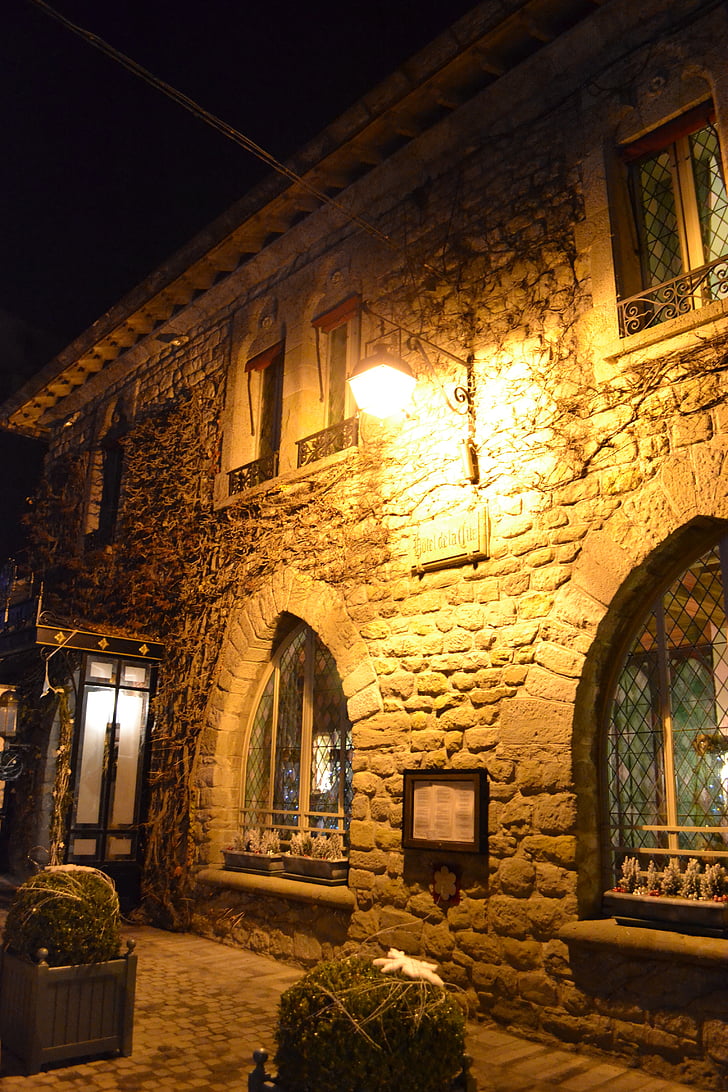akmens māja, naktī, Restorāns, viduslaiku māju, Carcassonne, Francija, viduslaiku