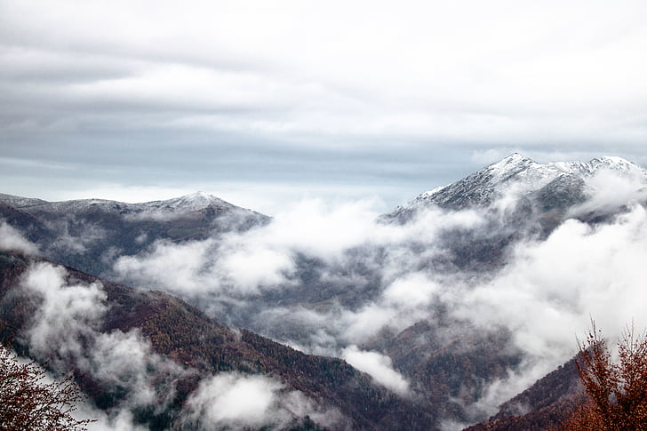 mountain, highland, cloud, fog, sky, peak, landscape