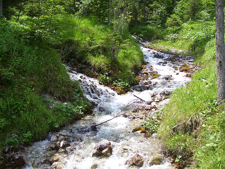 stream, mountains, water