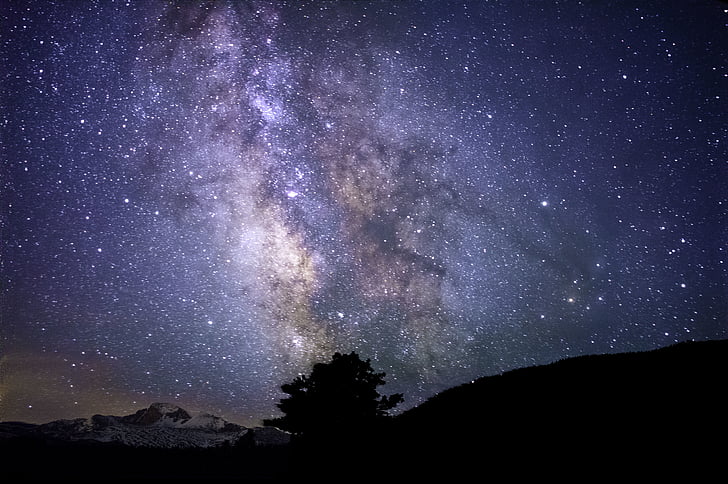 low, angle, view, sky, full, stars, mountain