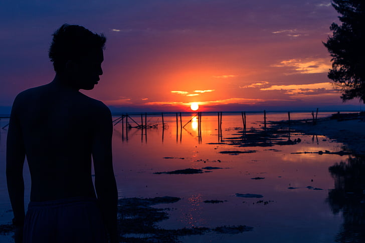 Sunset, siluett, maastik, üks inimene, Sea, peegeldus, vee