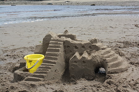 castle, sand, sea, beach, sandcastle, toy, shovel