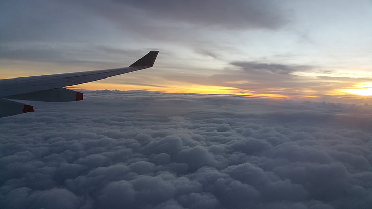 avió, posta de sol, cel, horitzó, paisatge