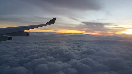 samolot, zachód słońca, niebo, horyzont, krajobraz