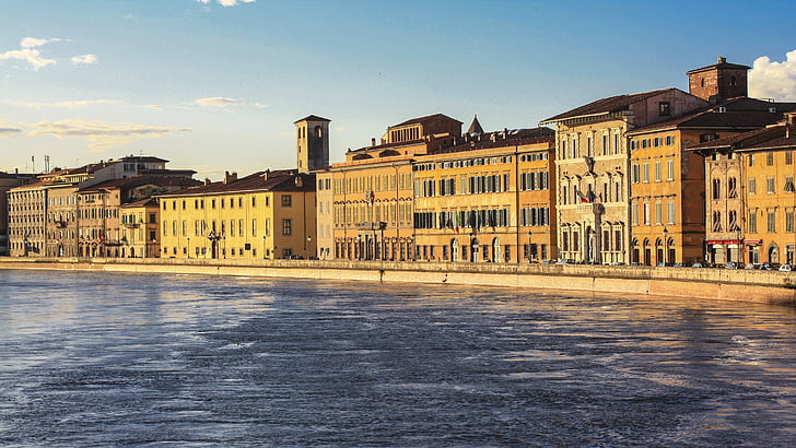 Arno, Pisa, tam, nehir, Lungarno, Toskana, günbatımı