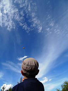 kite, child, height, game, childhood, sky, cloud
