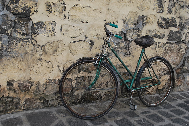 velosipēdu, vecais, zaļa, sienas, fons, velosipēds, viens pats