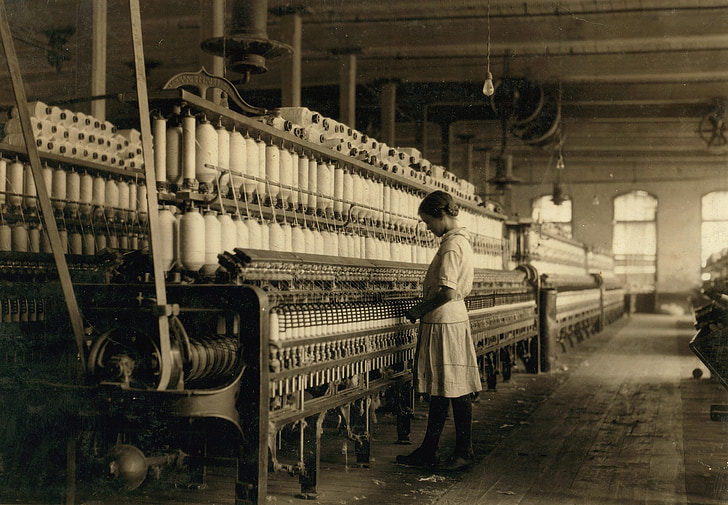 Vintage, travail des enfants, textile, usine de textile, broche, bobines, travail
