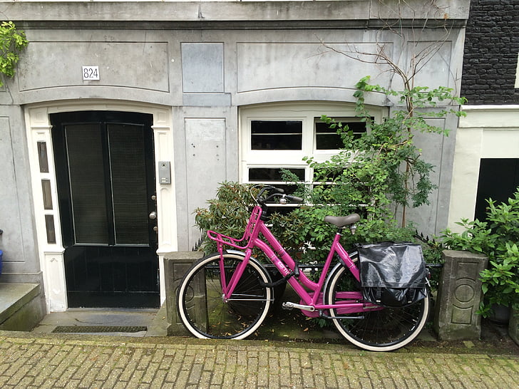bike, amsterdam, entrance, door, netherlands, pink, urban