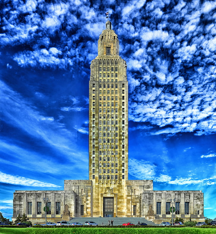 Louisiana, Baton rouge, státní capitol, budova, HDR, obloha, mraky