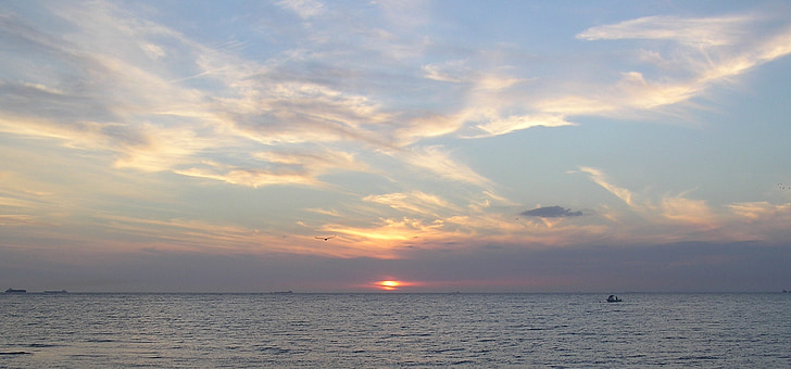 zachód słońca, morze, Ocean, wody, pomarańczowy, chmury, niebo