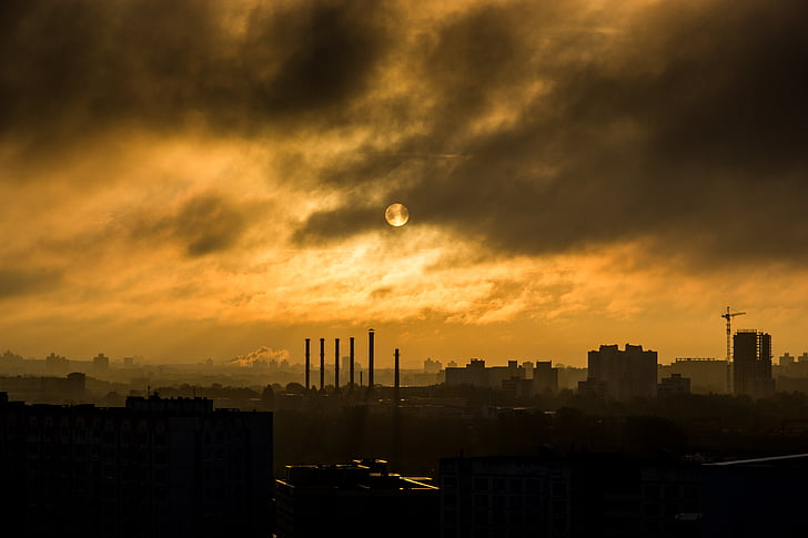budovy, město, mraky, Dawn, soumraku, silueta, obloha